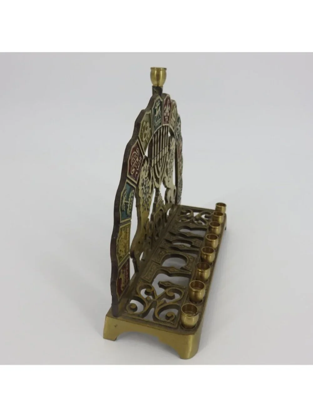 VTG Brass Metal 12 Tribes With Lions Menorah Chanukkah Hanukkah Candle Holder
